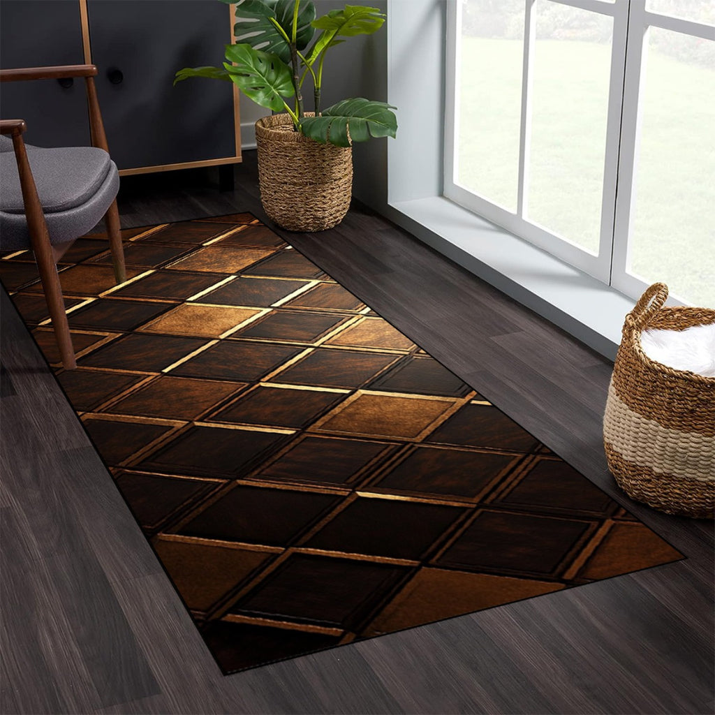 1pc Elegant Geometric Printed Long Entryway Rug - Dark Brown & Golden Rectangular Mat for High-Traffic Areas, Durable Polyester, Hand Wash Only, Machine-Made, Perfect For Home & Office Decor, Rugs For Living Room, Office Floo
