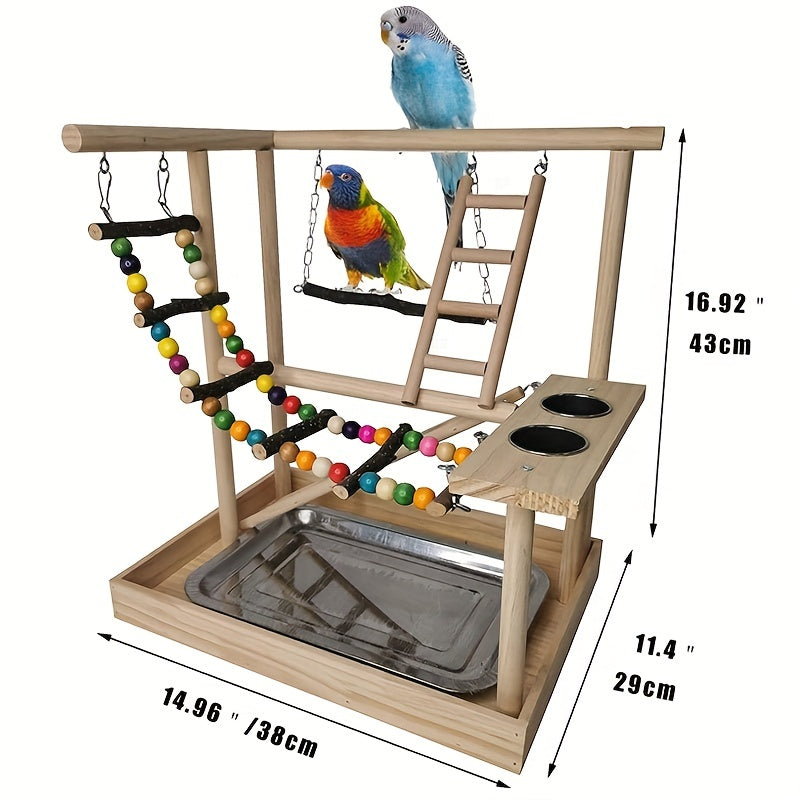 Deluxe Wooden Parrot Playstand with Climbing Ladder, Swing & Chew Toys -