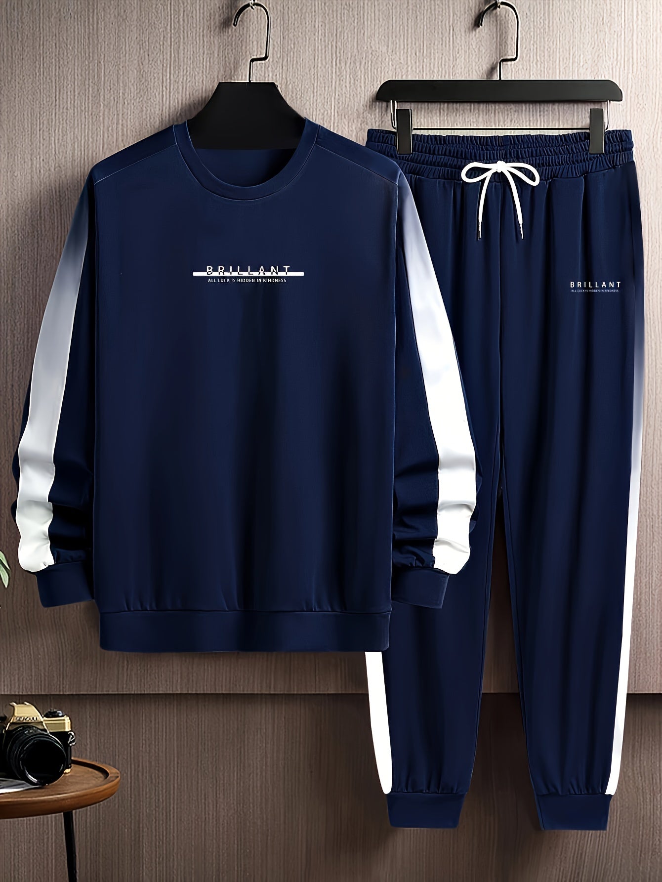 Plus Size Men's Contrast Color Sweatshirt & Sweatpants Set For Spring/autumn, Sports/outdoor Casual 2Pcs Outfits For Males, Men's Clothing