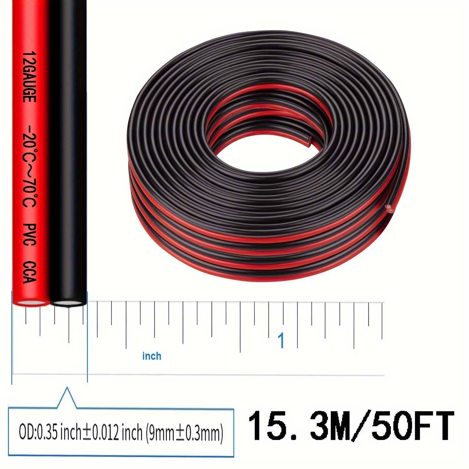 1pc 12 Gauge Twin Conductor Wire, 110V/220V Metal Electrical Cable, Red and Black PVC Insulated Copper Clad Aluminum Extension Cord for High Powered Speakers, LED, Automotive - No Battery Required