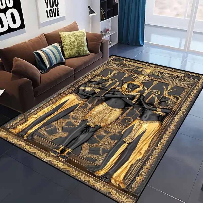 Egyptian Three Golden Men Carpet - Machine Washable Luxury Mat with Golden & Design, Rectangular Floor Mat for Living Room, Bedroom, Office, Outdoor - Durable Polyester Home Decor Mat, Rugs For Living Room, Bedroom Accent, El