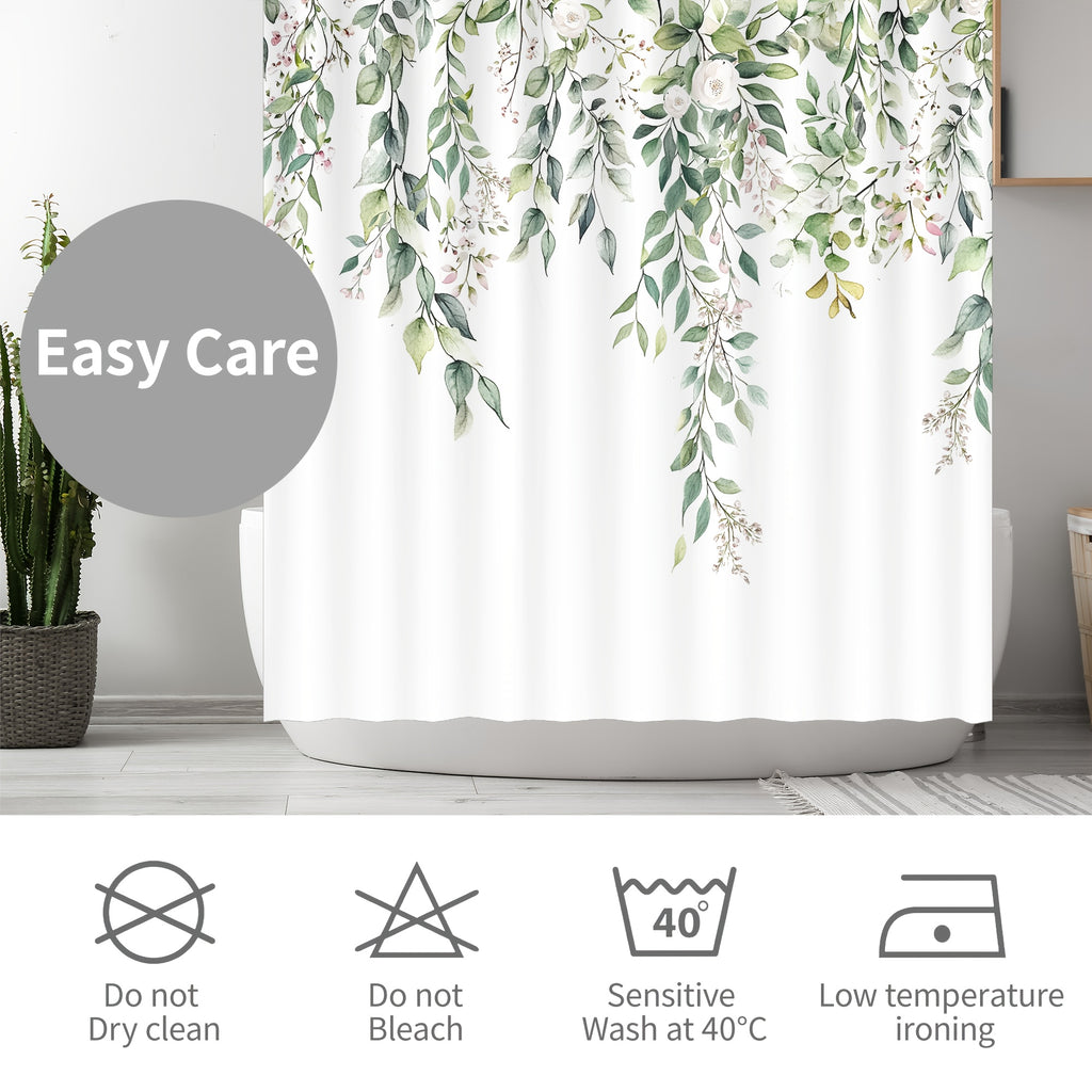 4pcs Sage Green Eucalyptus Shower Curtain Set, Watercolor Floral Plant Leaves, Waterproof Bathroom Accessories With 12 Hooks, Non-Slip Rugs, U-Shaped Mat, Toilet Seat Cover, Nordic Botanical Fresh Green & Gray Eucalyptus Leaf