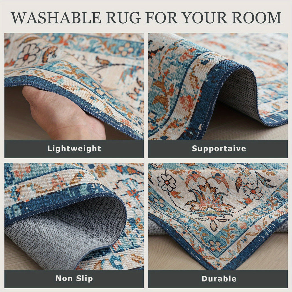 Machine Washable Rug with Non-Slip, Blue Area Rug, Vintage Boho Area Rug for Living Room Bedroom Dining Home Office Rugs