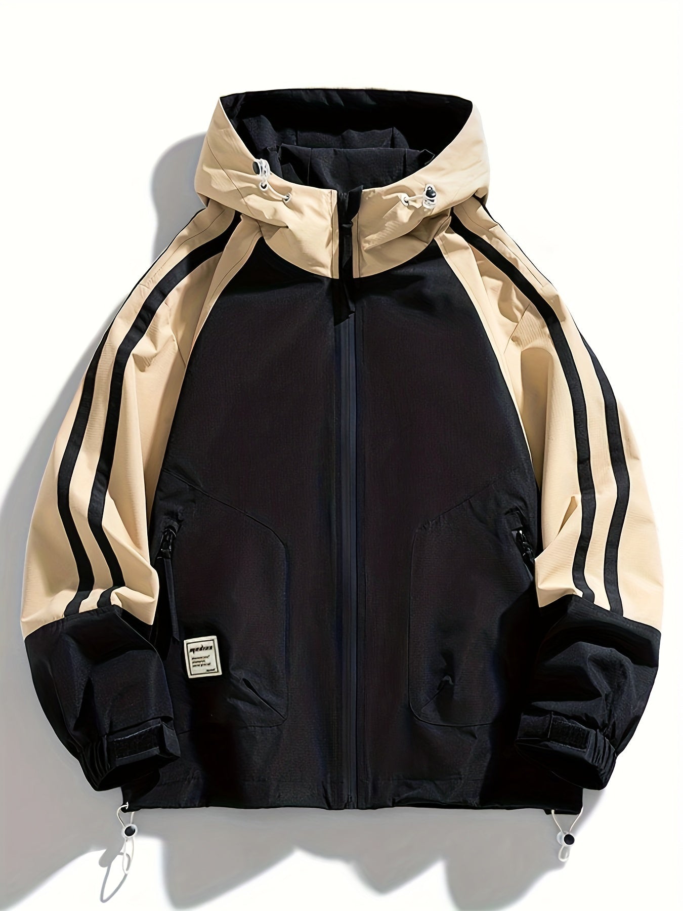 Plus Size Men's Elegant Contrast Color Hooded Jacket For Spring/autumn, Oversized Loose Fit Jacket For Sports/outdoor, Men's Clothing