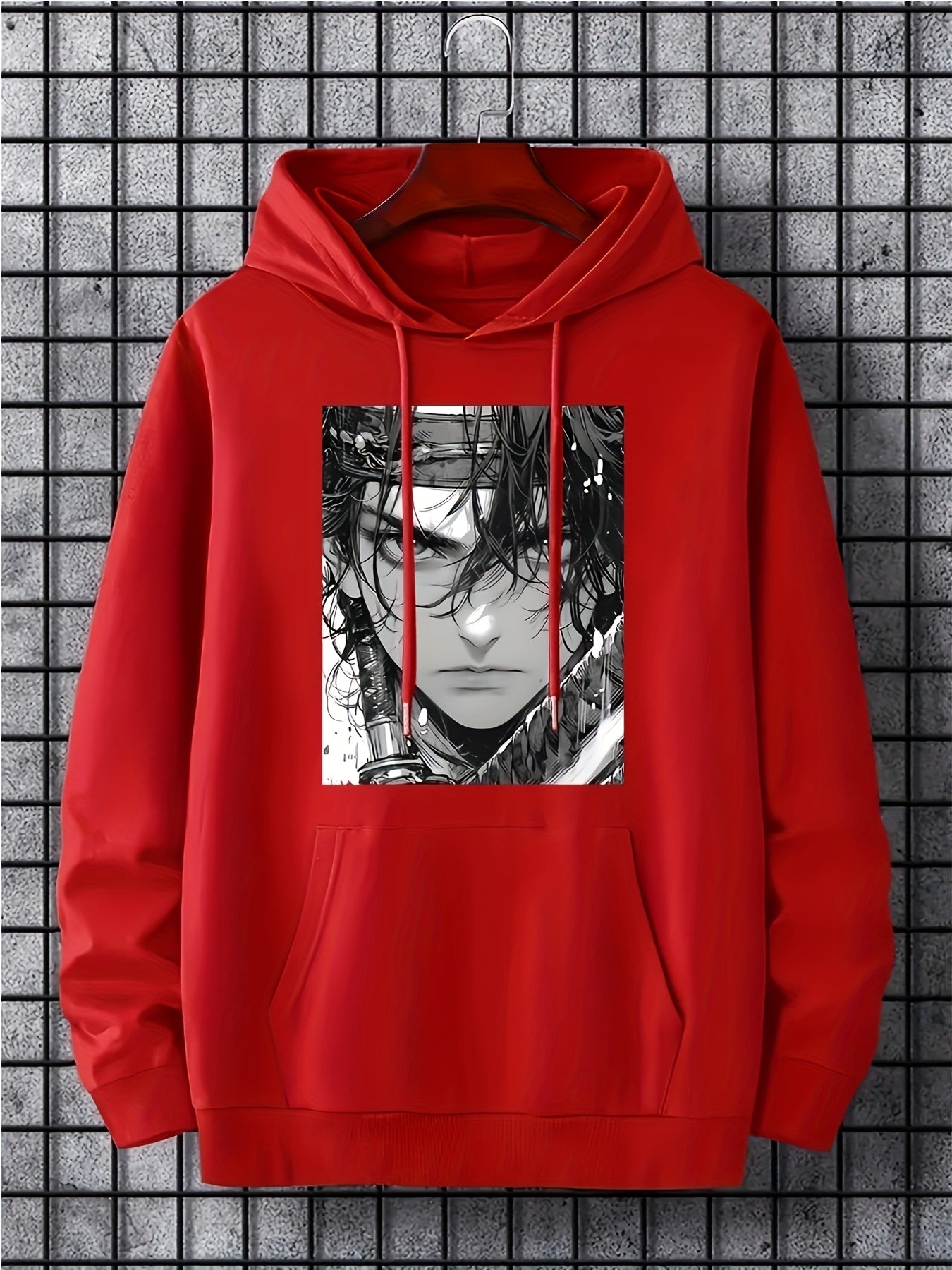 Mens Geometric Pattern Hooded Sweatshirt - Stretchy Pullover with Kangaroo Pocket, Applique Details, and Machine Washable Polyester Fabric - Casual Sports Style for Everyday Wear