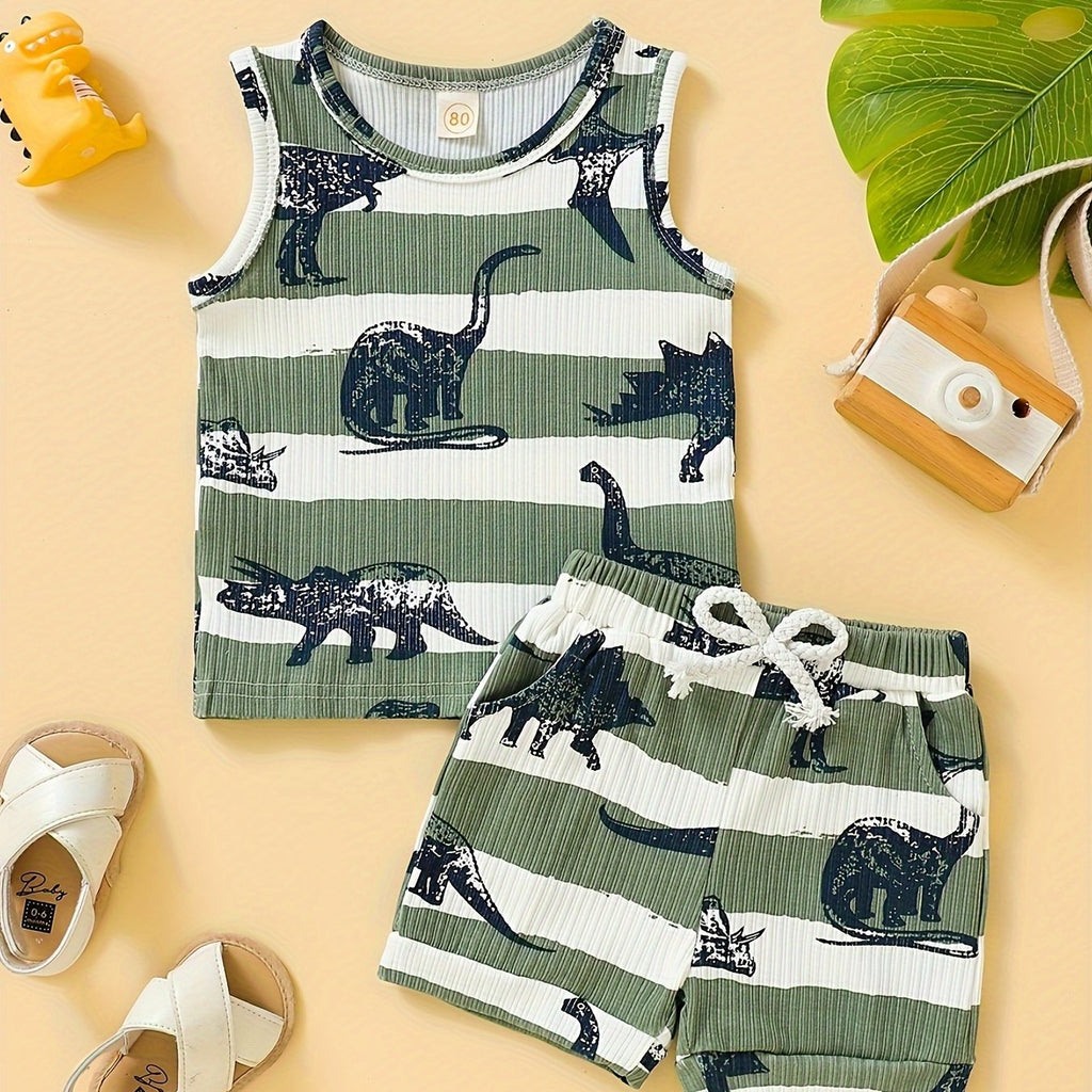Boys' Dinosaur-Themed Cotton Tank Top & Shorts Set - Olive Green and White, Striped with Cartoon Dinosaur Patterns, Machine Washable, Perfect for Summer, Dinosaur Toys, Perfect for Outdoor