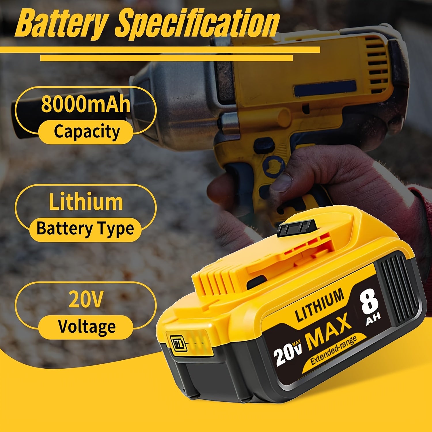 1/2-Pack 8.0Ah Replacement for Dewalt 20v Max XR Lithium-Ion Batteries