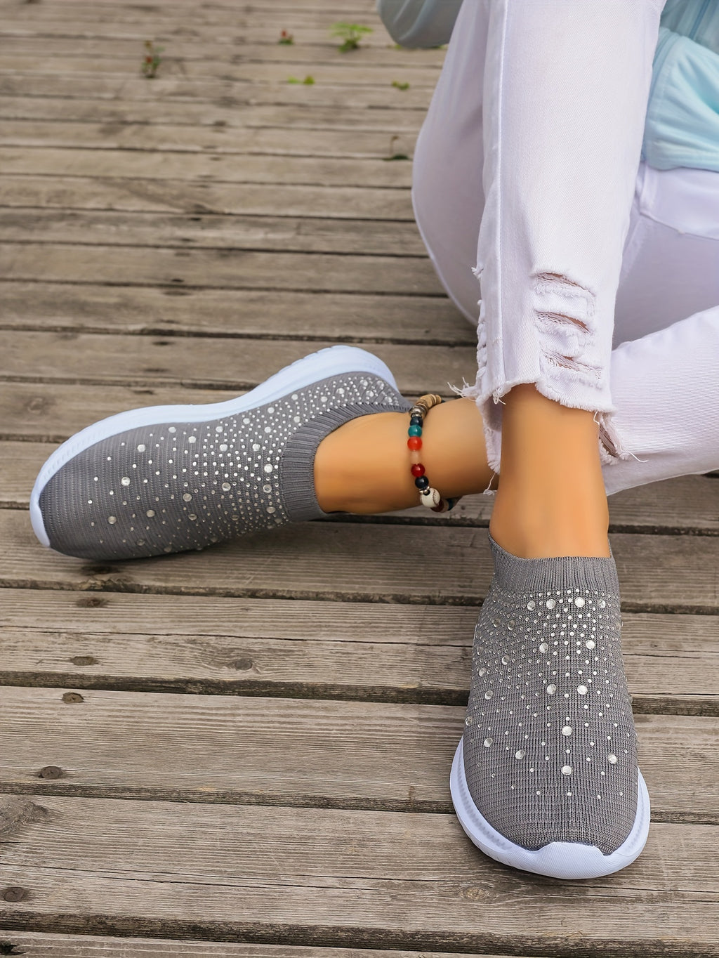 Women's Rhinestone Decor Slip-on Sneakers, Fly Woven Sports Shoes, Breathable Low Top Walking Shoes For Music Festival