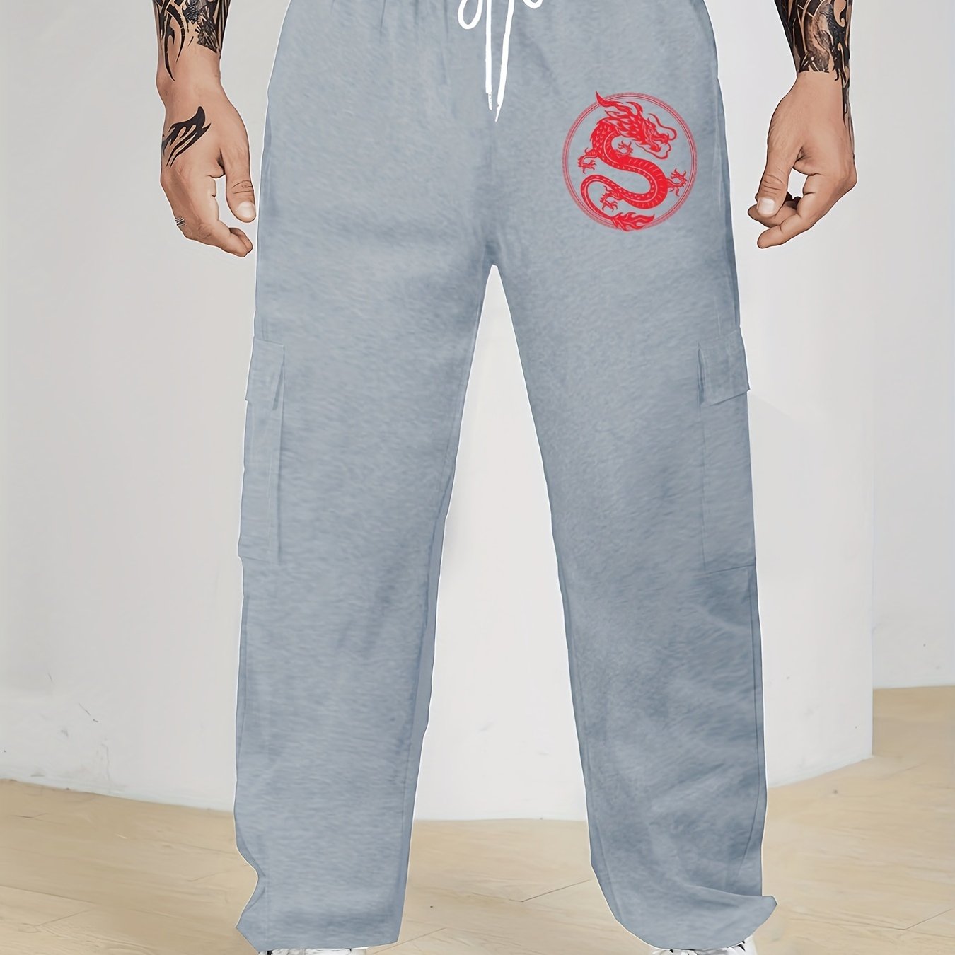 Plus Size Men's Thin Casual Style Graphic Print Cargo Pants, Trend Dragon Print Pants, Fashion Loose Slightly Stretch Comfortable For Sports, Suit For Big & Tall Guys