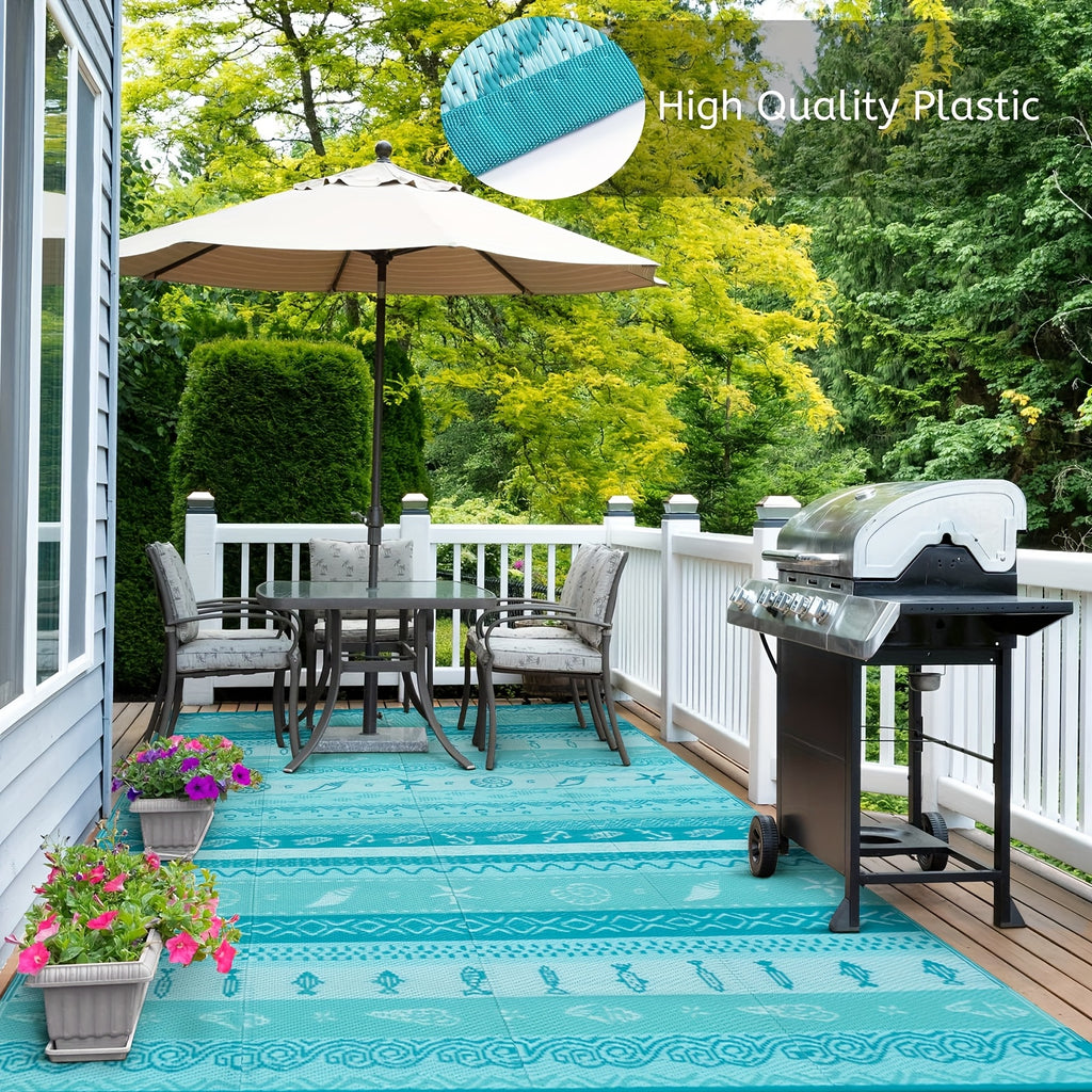 Coastal Outdoor Rug, Reversible Ocean Beach Theme Striped Patio Plastic Straw Rugs, Tribal RV Camping Outside Carpet Mat For Pool Back Yard Deck