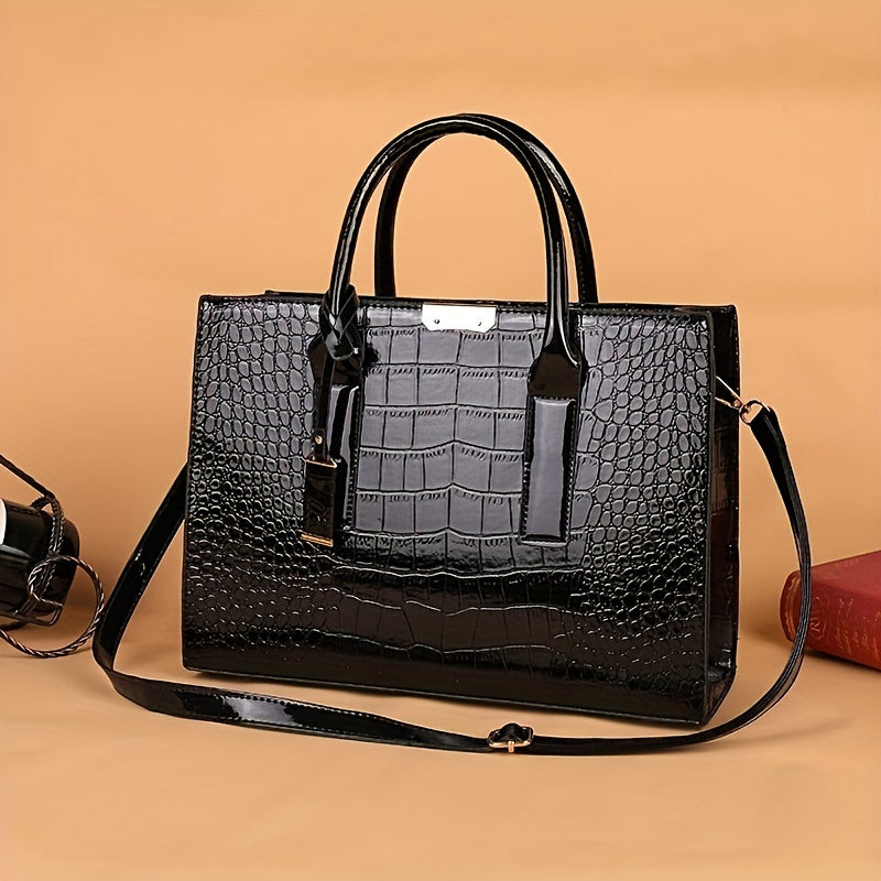 Crocodile Embossed Handbag, Trendy PU Leather Top Handle Purse, Women's Solid Color Shoulder Bag