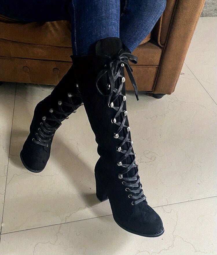 Women's Heeled Knee High Boots, Solid Color Lace Up Chunky Heeled Boots, Versatile Comfy Long Boots