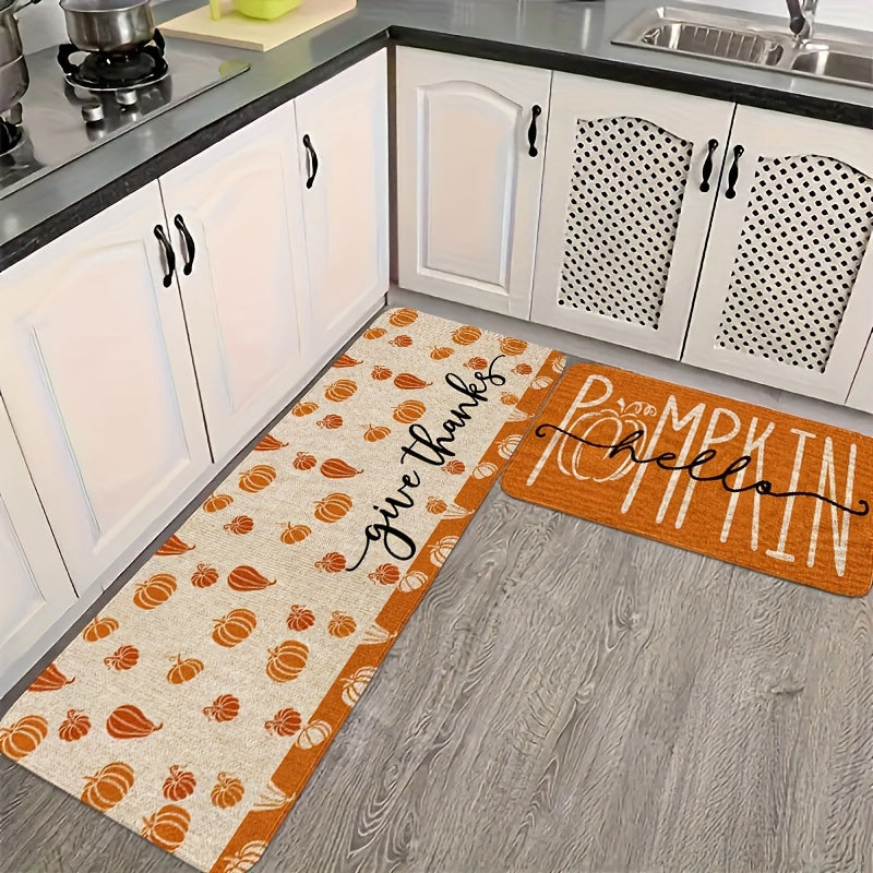 Thanksgiving Pumpkin Kitchen Mat Set (2/3pcs) - Soft, Non-Slip & Stain-Resistant Flannel Rugs for Fall Decor, Perfect for Home & Holiday Parties