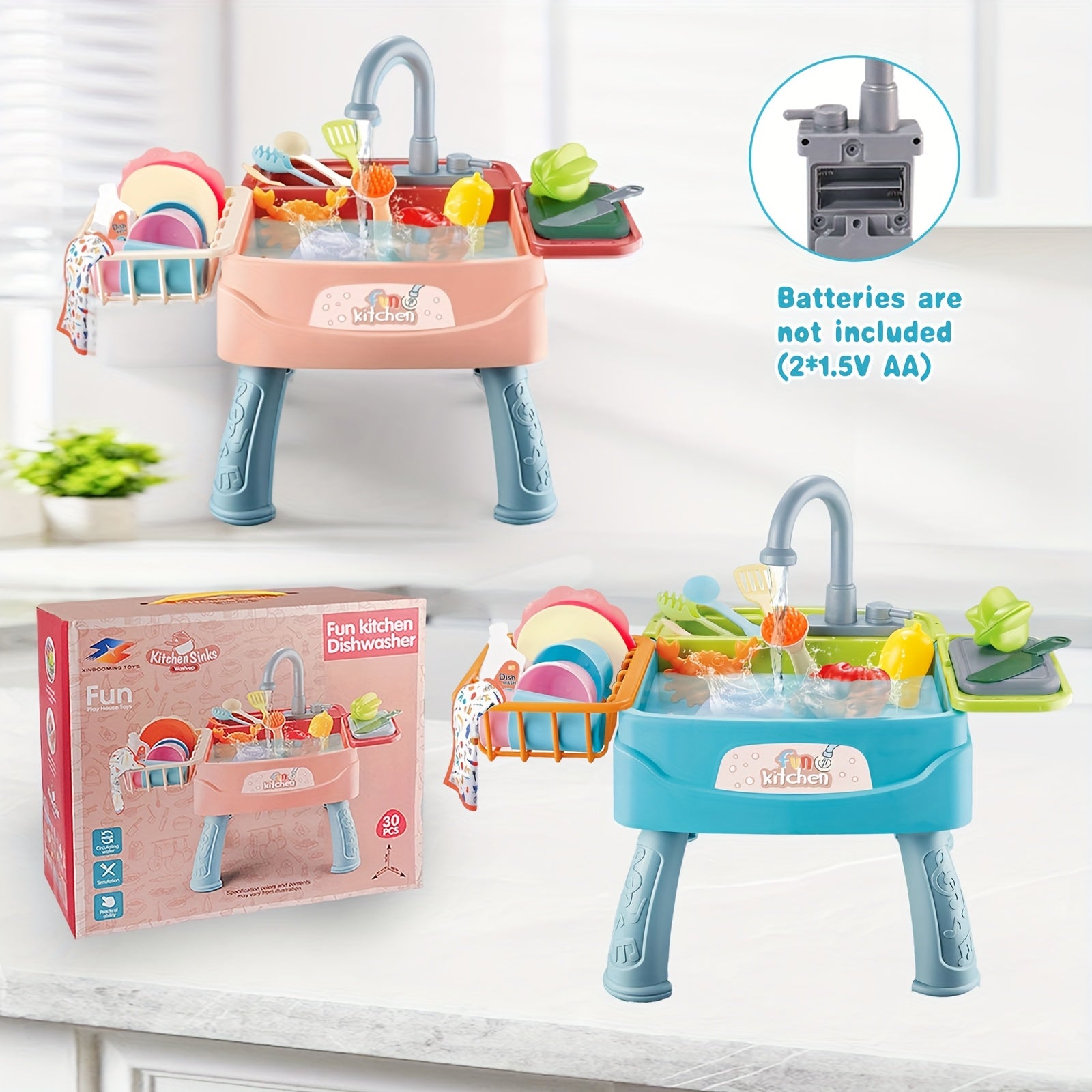 Play Kitchen Sink Toys, Blue Electric Dishwasher Playing Toy with Running Water, Play Food & Tableware Accessories, Kitchen Set Toys, Role Play Sink Set for Toddlers Kids Boys Girls