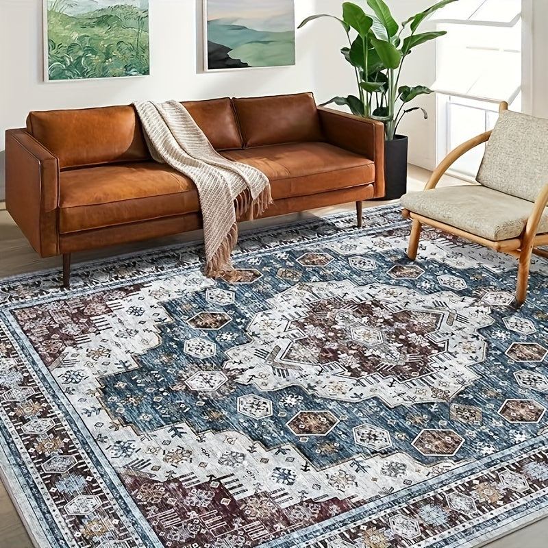 Washable Rug Living Room Rugs: 2X3 Area Rug Large Boho Medallion Distressed Carpets Indoor Soft Floor Anti Slip Carpet For Under Dining Table Bedroom Farmhouse Home Office - Red/Blue