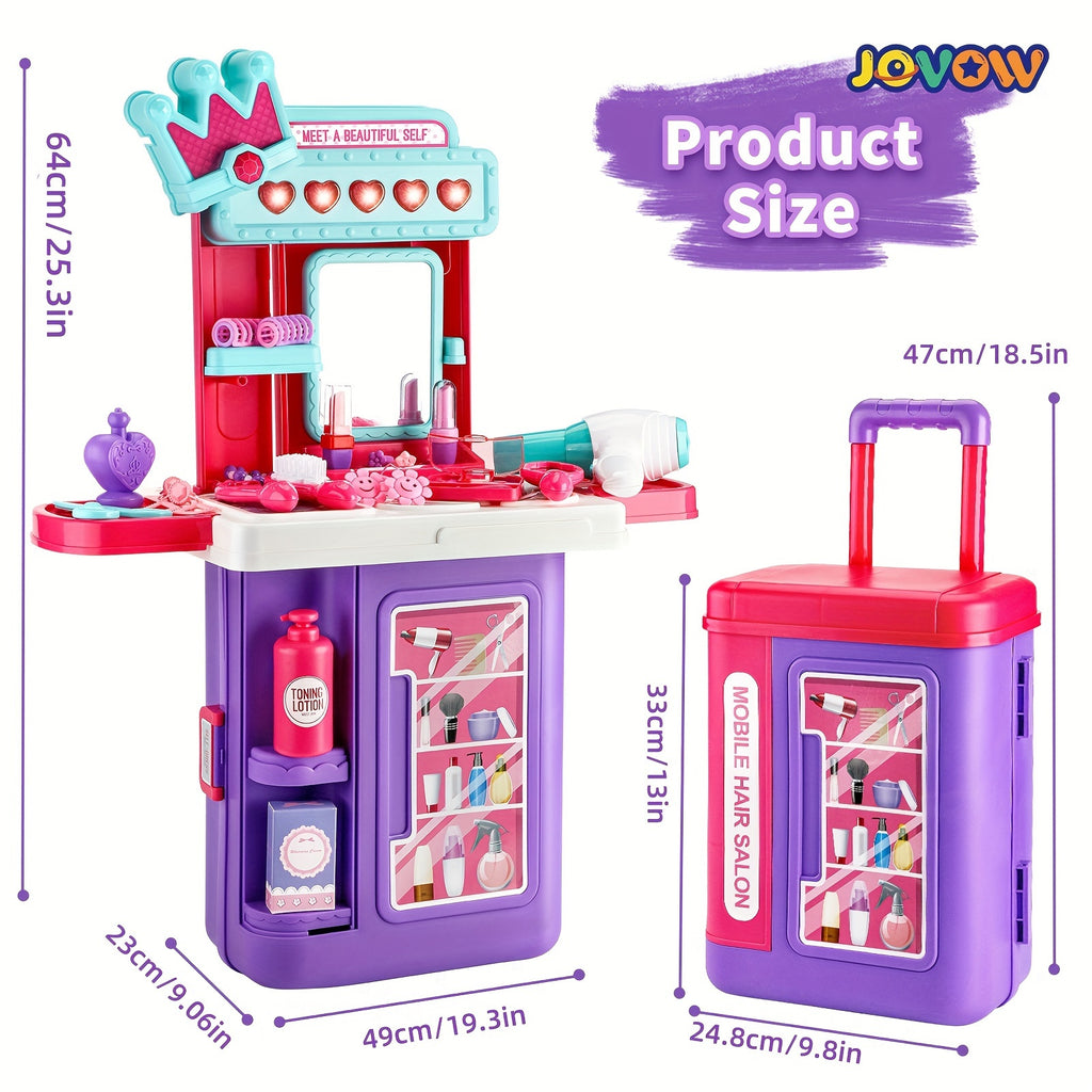 Jovow, Children's Dressing Table Set, 2-in-1 Dressing Table Luggage Trolley Box, Girl Pretending Makeup Toys, Princess Games, Lights And Music, Simulated Hair Dryer Lipstick, Halloween Christmas Gifts