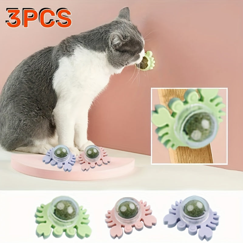 3 Packs Natural Catnip Balls, Interactive Cat Teeth Cleaning Toys, Cat Mint Playthings With Durable Holder - Pink, Green, Blue