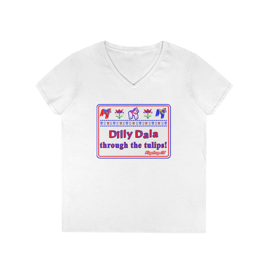 Dilly Dala Through the Tulips Ladies' V-Neck Tee — Floral Dutch Dance Graphic Shirt