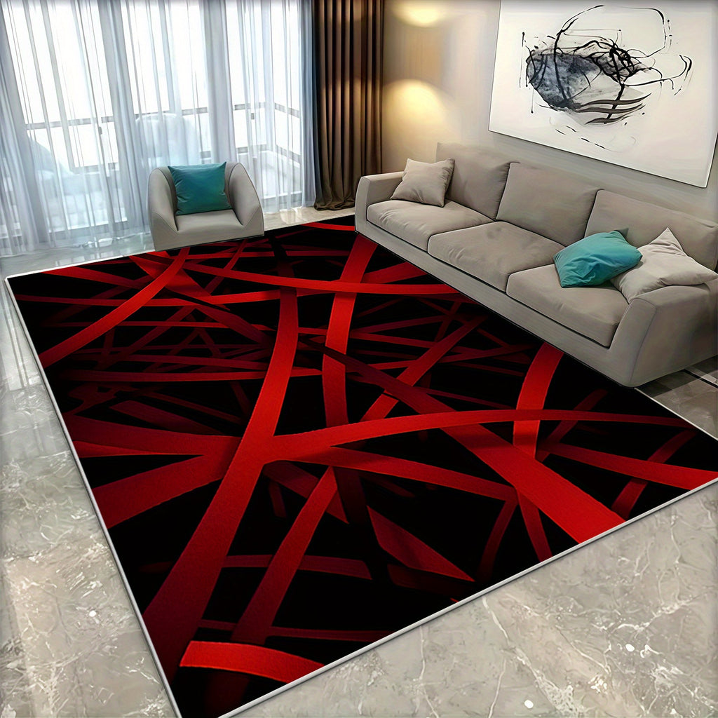 Modern Geometric Velvet Area Mat - Luxurious Red & Black Design, Machine Washable, Non-Slip, Ultra-Soft & Durable for Living Room, Bedroom, Entryway - Stylish Home Decor, Rugs for Living Room