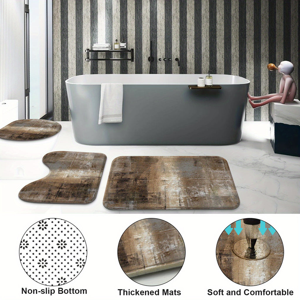 4 Pack Brown and Grey Abstract Art Bathroom Accessory Set, Complete with Matching Rugs, Mats, Curtains for Bathroom