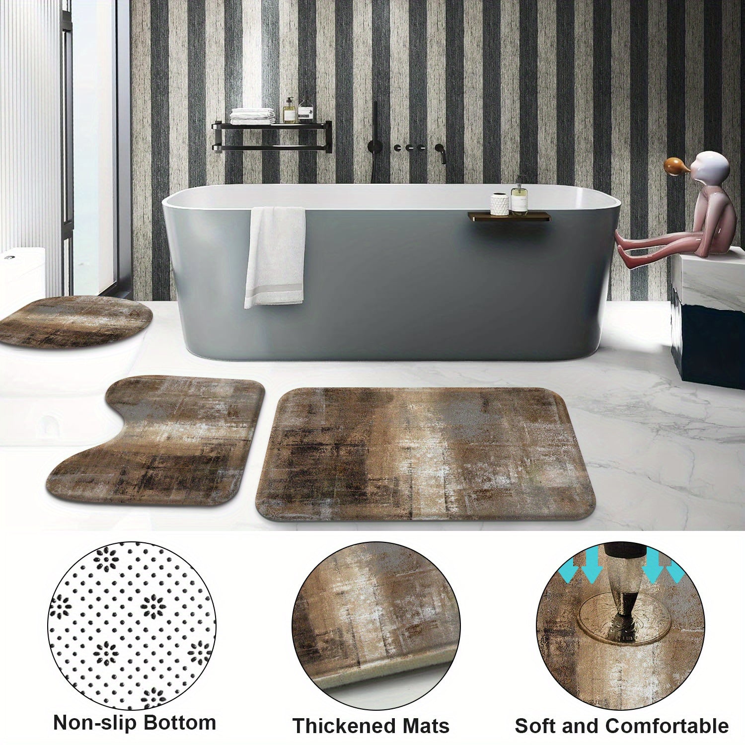 4 Pack Brown and Grey Abstract Art Bathroom Accessory Set, Complete with Matching Rugs, Mats, Curtains for Bathroom