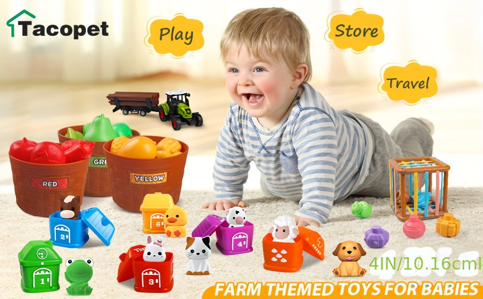 Montessori Toys For 1 2 3 Year Old Kids, 4 In 1 Farm Animals Barn Toys For Toddlers 1-3, Veenggie Sorting Set, Farm Tractor With Trailer, Stacking Toys Gift For Baby Boys Girls