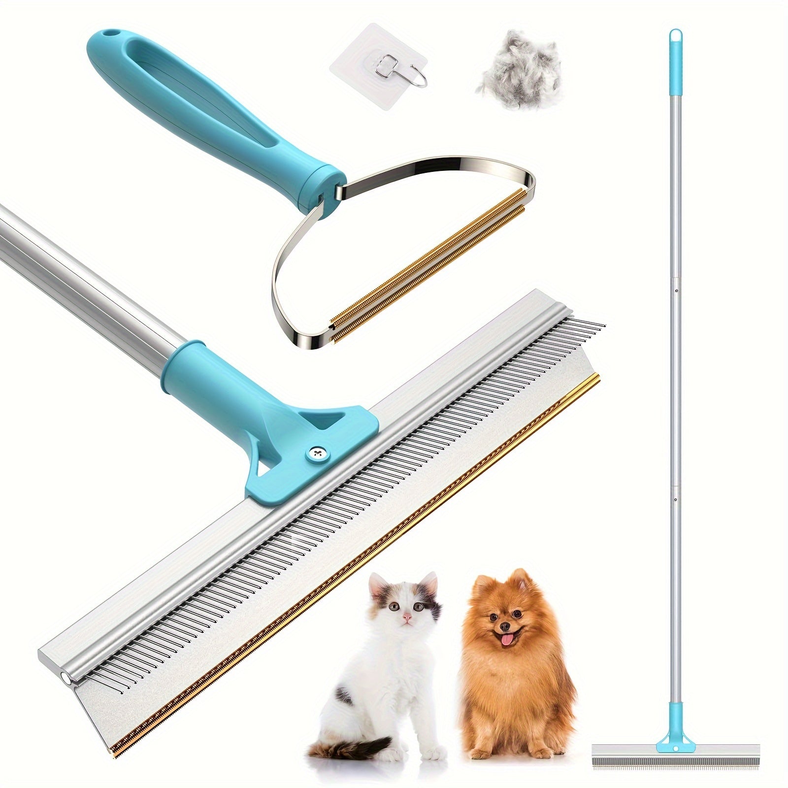 2 Pack Pet Hair Remover Bundle - Ajustable Longth Large Carpet Rake & Portable Scraper, Reusable Lint Remover Brush For Embedded For Removal From Hight/ Low Pile Rugs Stairs Carpet Dog Cat Hair Remover