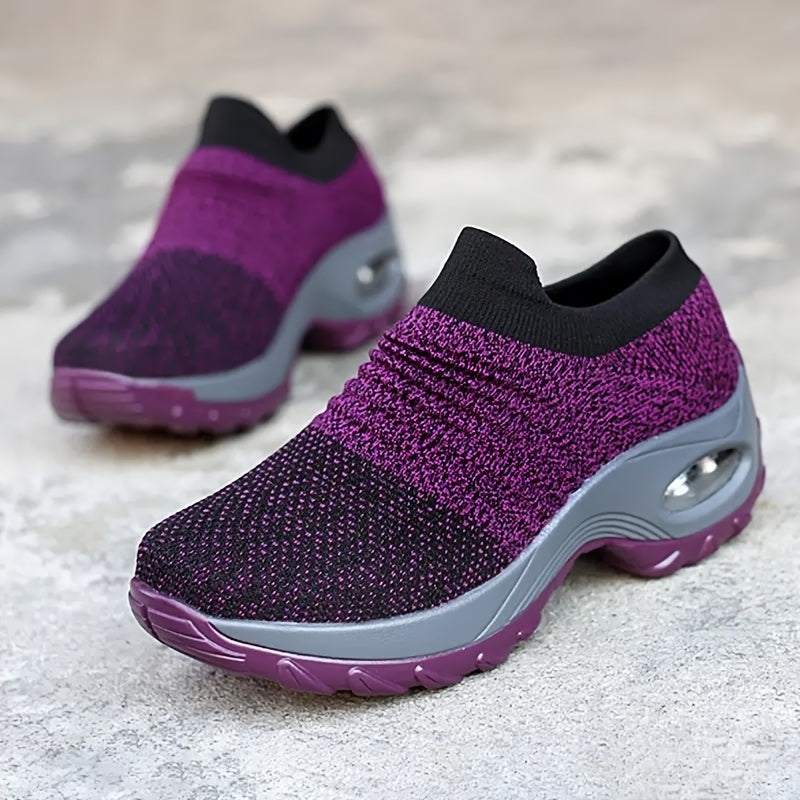 Women'S Air Cushion Sole Sneakers, Lightweight Knit Slip on Shoes, Breathable Running Shoes
