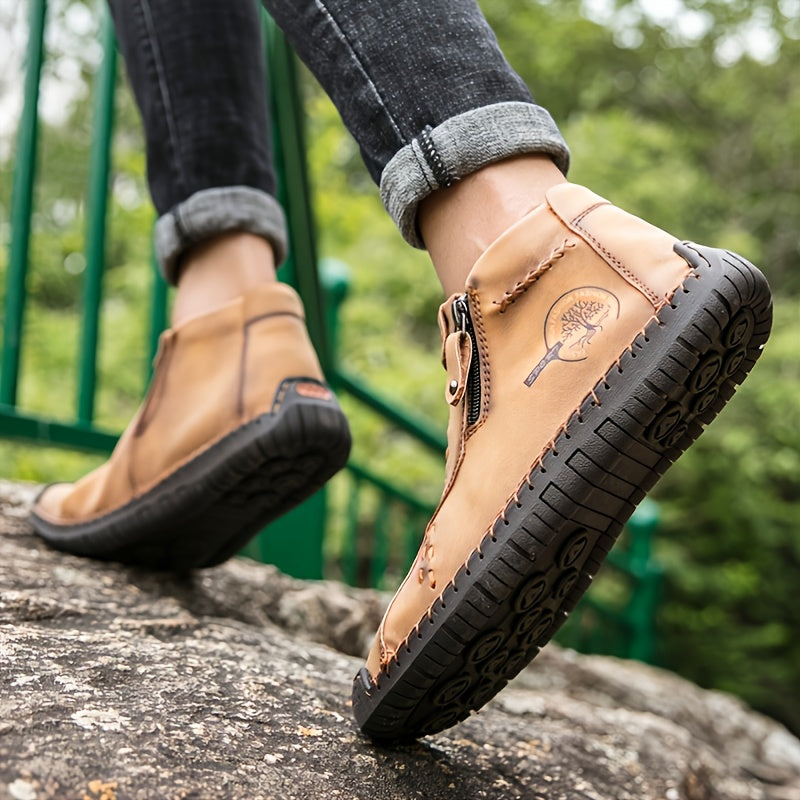 [Vintage Boots] KEZZLY Vintage Men's Zipper Boots | Round Toe Short Ankle Boots with Rubber Sole, All-Season Casual & Sporty Shoes for Outdoor Activities