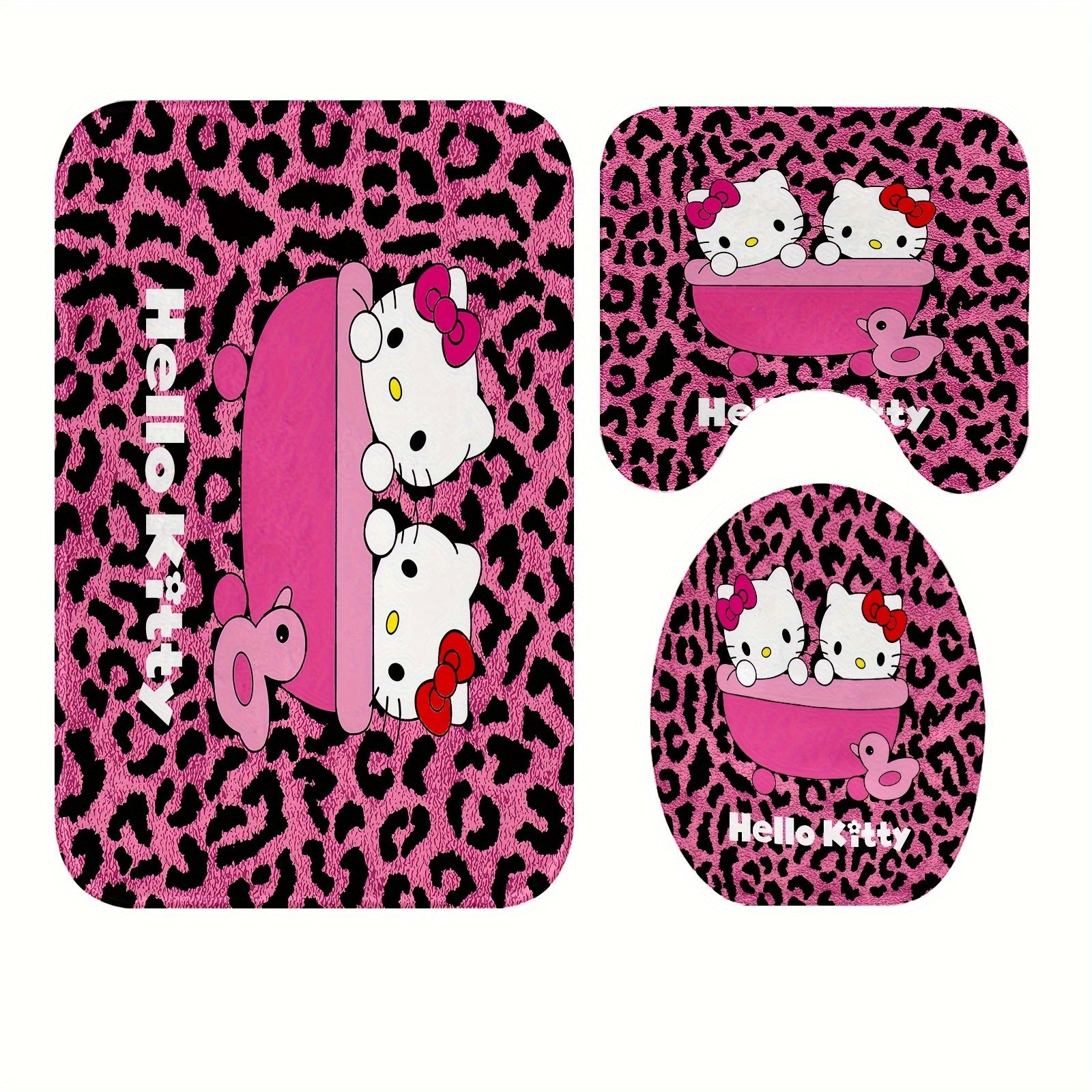 Machine Washable Sanrio Hello Kitty Bathroom Set with Stain Resistant Polyester, Knit Weave Style, Eyelet Hooks, Artsy Animal Theme Decor, Slip-Resistant Rugs and Bath Ensemble