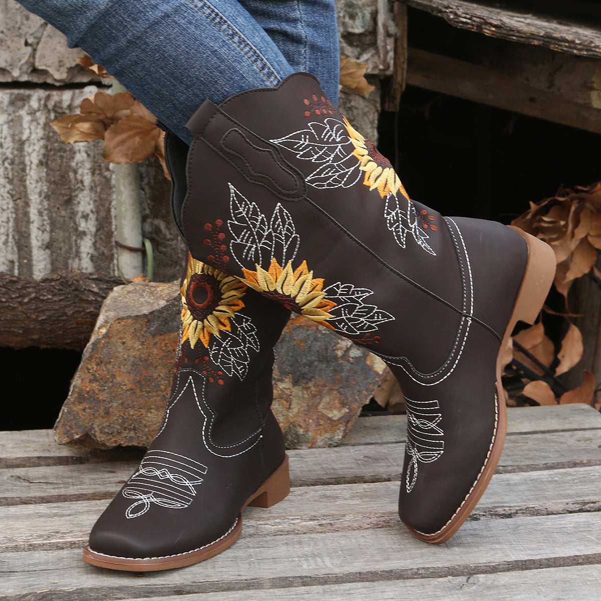 Women's Embroidered Mid Calf Western Boots, Faux Leather Fashion Boots, Women's Footwear