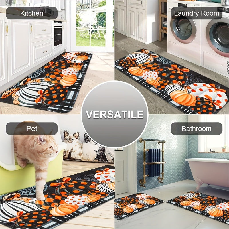 Thanksgiving Pumpkin Kitchen Mat Set (2/3pcs) - Autumn Farmhouse Decor, Anti-Fatigue & Non-Slip Flannel Rugs for Sink, Bedroom, Living Room, Dining Area - Easy Clean, Stain-Resistant