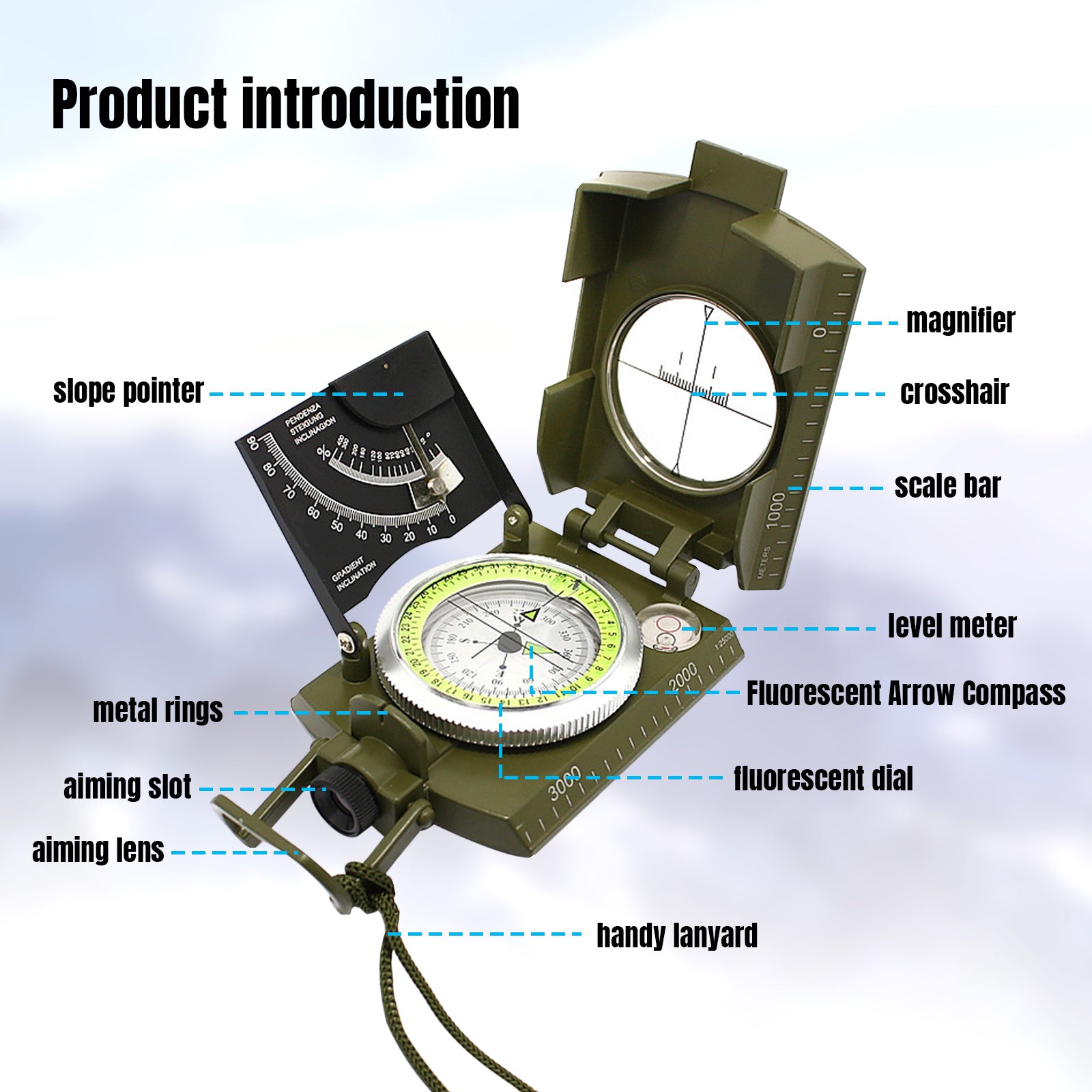 Multifunctional Luminous Dial Waterproof Anti-fog Accurate Military Compass For Hiking Camp