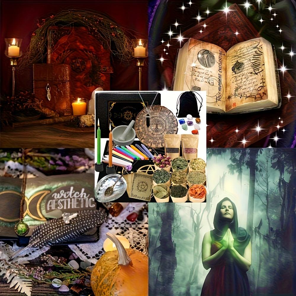 Witchcraft Kit with Grinding And Pounding Tank - Candles, Witches Crystals, Dried Flowers, Vanilla, Beginner Box Starter. Suitable for Full Moon Ceremonies And Decorative Materials for Magic. Ideal for Gifting During Black Hi