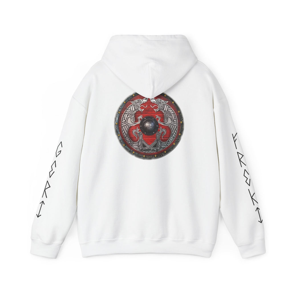 Viking Shield Hoodie — "Let’s Go Avikingri" Norse Rune Sleeve Pullover