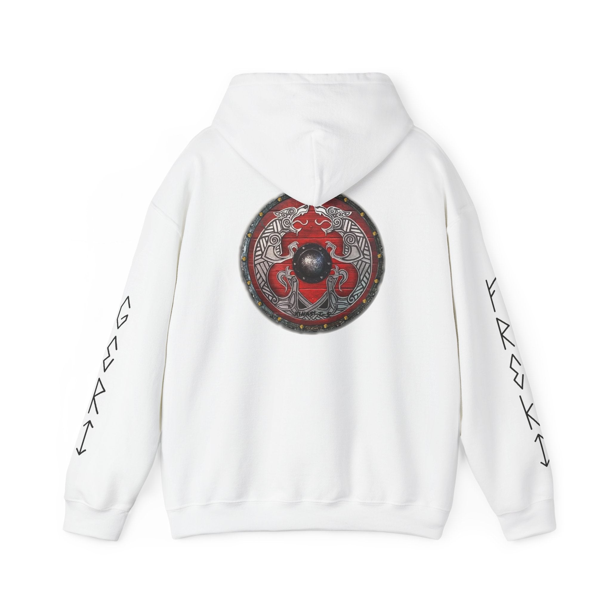 Viking Shield Hoodie — "Let’s Go Avikingri" Norse Rune Sleeve Pullover