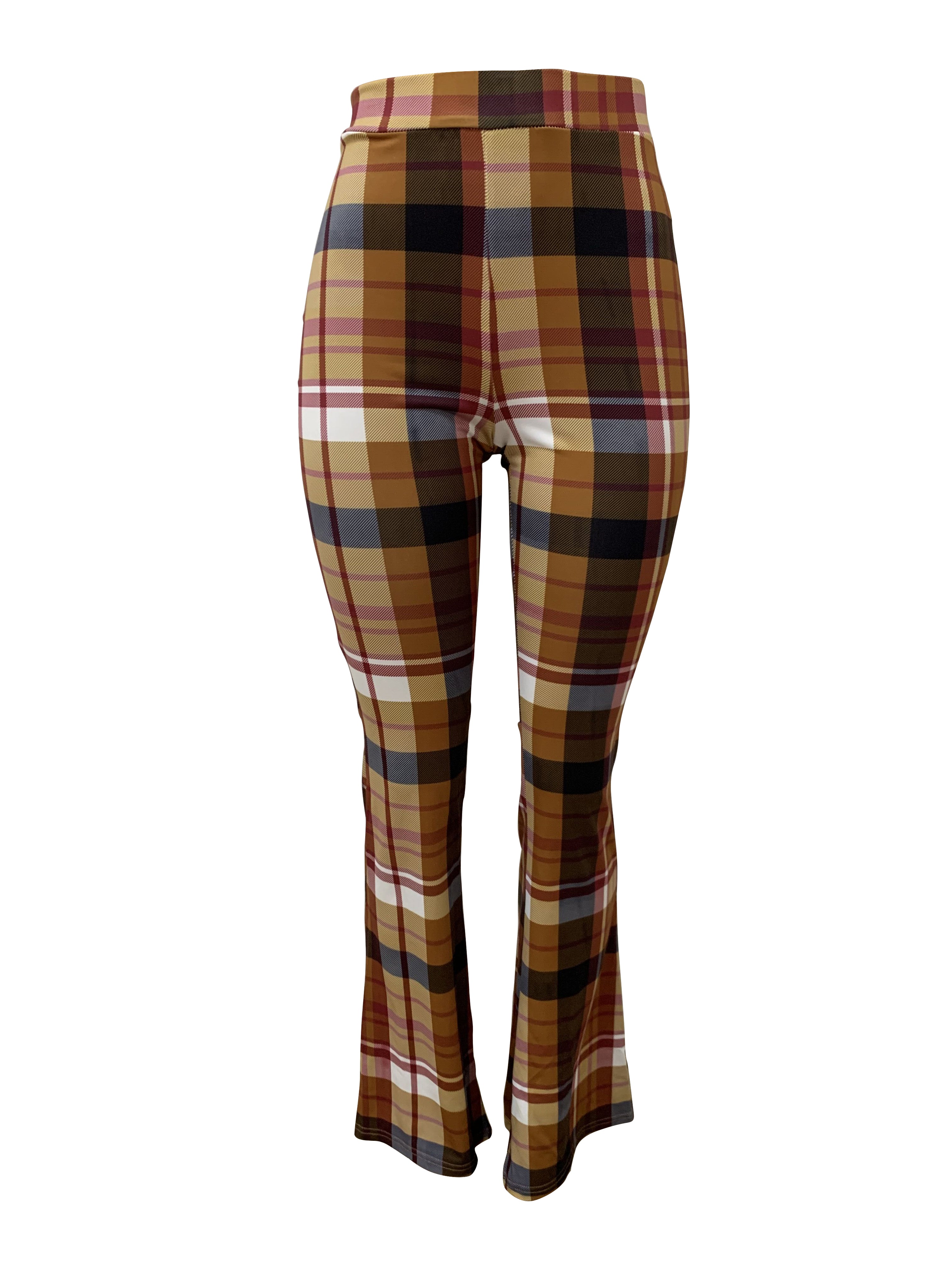 Women's Plaid Print Flared Leg Pants - Casual High Stretch Bodycon Street Wear Pants - For Women - Suitable for Casual Wear - Perfect Gift for Fashionable Women