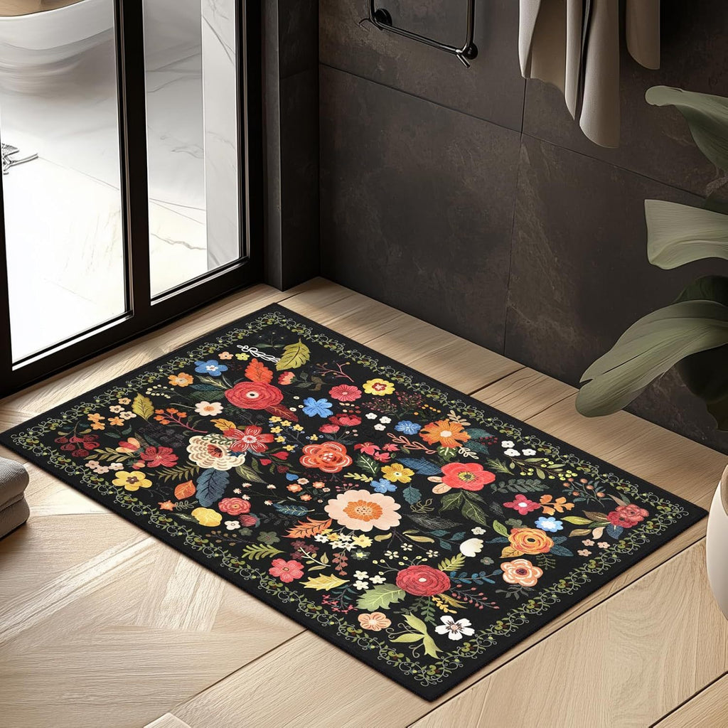 1pc Boho Floral Rugs Door Mat, Living Room and Bedroom Decoration Mat - Home Decoration -Anti-Slip, Washable Entrance Mat with Rubber Backing, Durable Polyester, Ideal for Living Room, Bathroom, Kitchen, Laundry