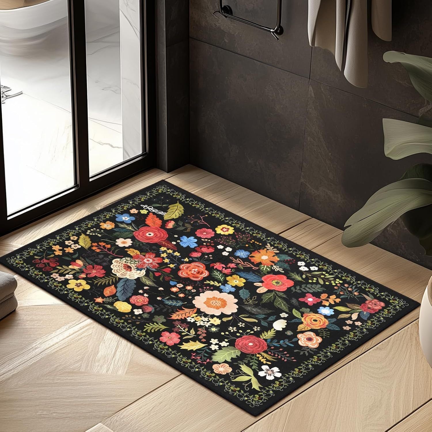 1pc Boho Floral Rugs Door Mat, Living Room and Bedroom Decoration Mat - Home Decoration -Anti-Slip, Washable Entrance Mat with Rubber Backing, Durable Polyester, Ideal for Living Room, Bathroom, Kitchen, Laundry
