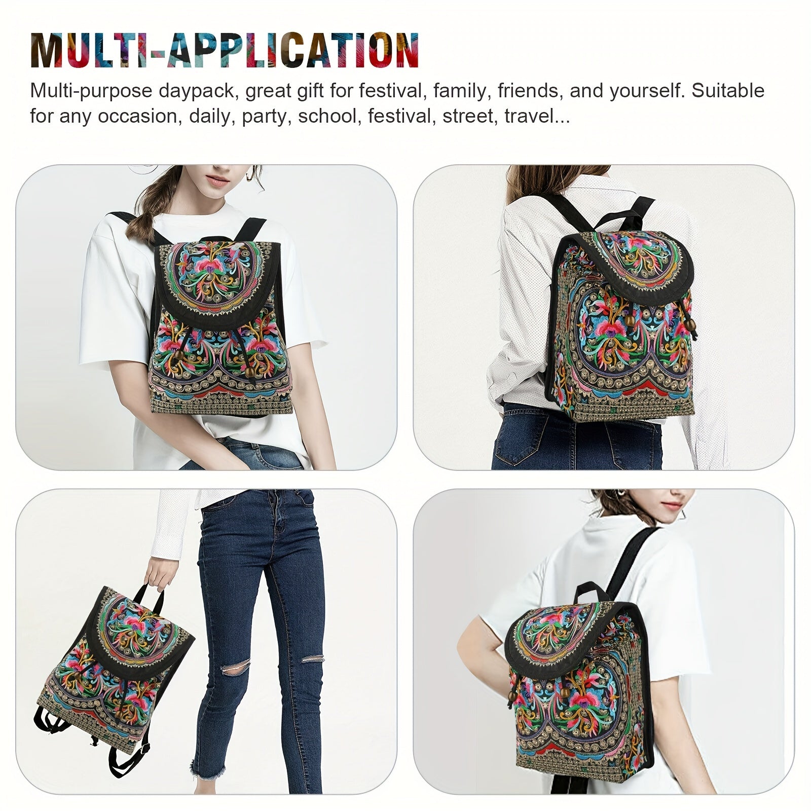 [Vintage Backpack] Vintage Floral GUDAOBELL Women's Backpack | Pink Geometric Pattern Travel Bag with Tablet Compartment, Adjustable Shoulder Straps & Drawstring Closure for Work, Daily Use