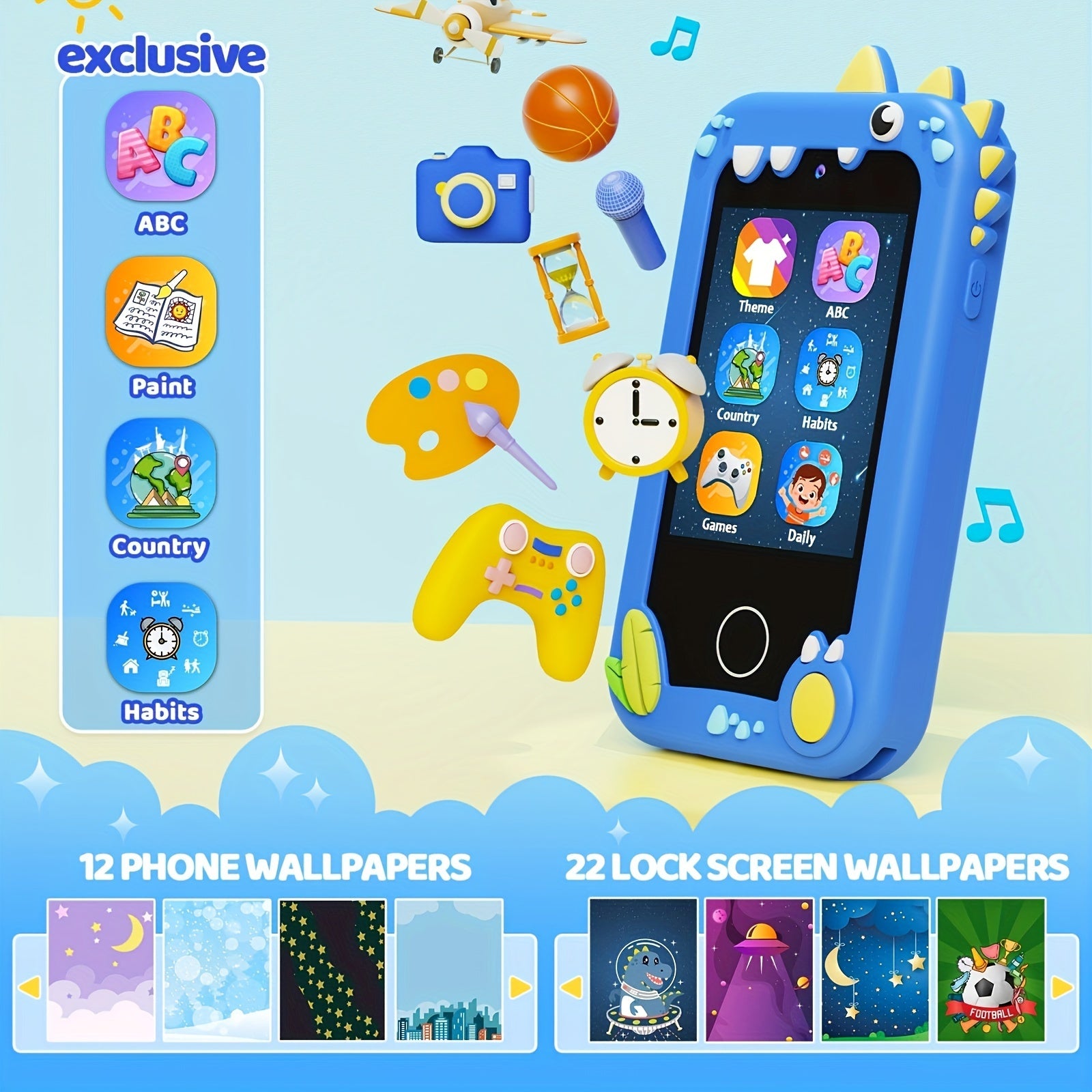 Kikapabi Kids Smart Phone Toys, Touchscreen HD Dual Camera Cell Phone for Kids, Birthday Gifts Dinosaur Toddler Play Phone for Boys 3-10, Travel Toy with 8GB SD Card Halloween Christmas Gift