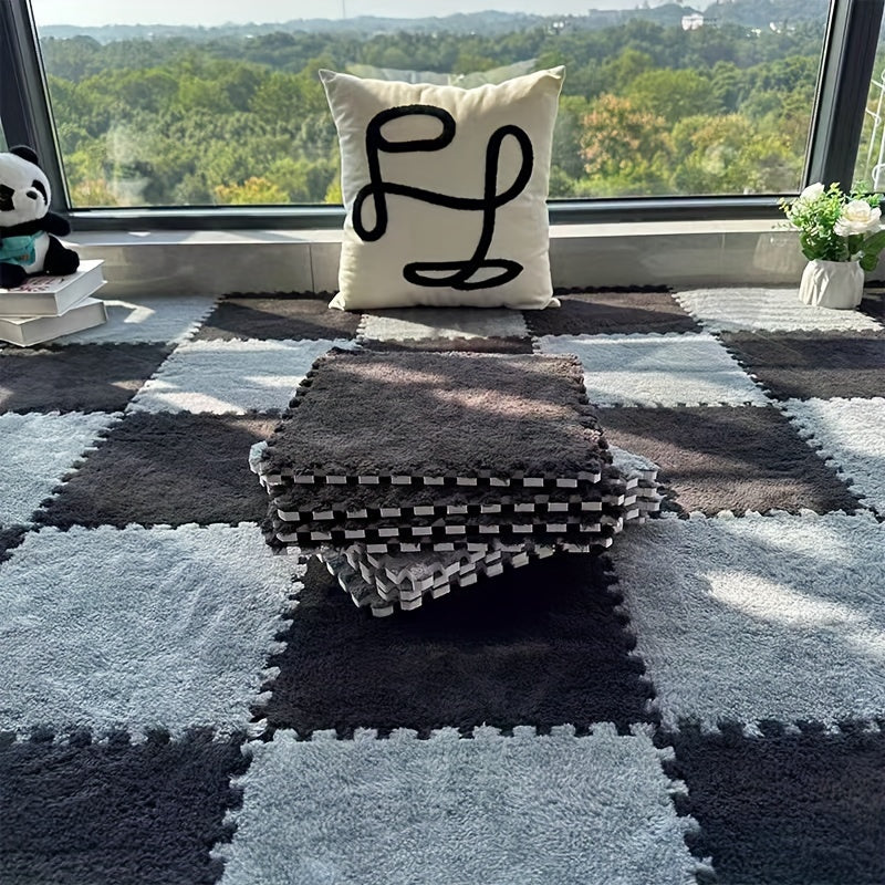 [Soft Coral Fleece Mat] 30pcs Soft Coral Fleece Checkered Area Mat - Soundproof, Black/White/Light Green - Low-Piece, Perfect for Bedroom, Living Room, Playroom, Year-Round Comfort & Style, Bedroom Floor Decor | Checkered Pat