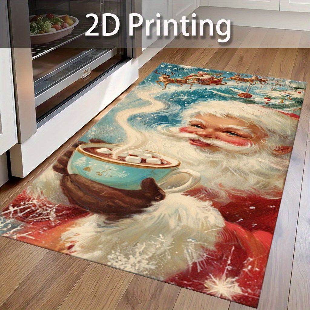 2D Flat, 2D Printing Christmas Santa Claus Hot Cocoa Rug Set - Non-Slip Kitchen Mat with Santa, Mrs. Claus, Snowman, Reindeer, Snowflakes, Tree & Candle Design, Festive Holiday Decor for Home & Restaurant, Christmas Rugs