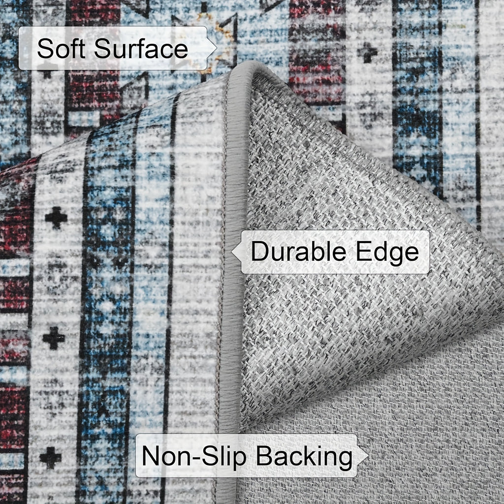 Washable Rug Living Room Rugs: 8x10/9x12 Area Rug Large Boho Medallion Distressed Carpets Indoor Soft Floor Anti Slip Carpet For Under Dining Table Bedroom Farmhouse Home Office - Red/Blue