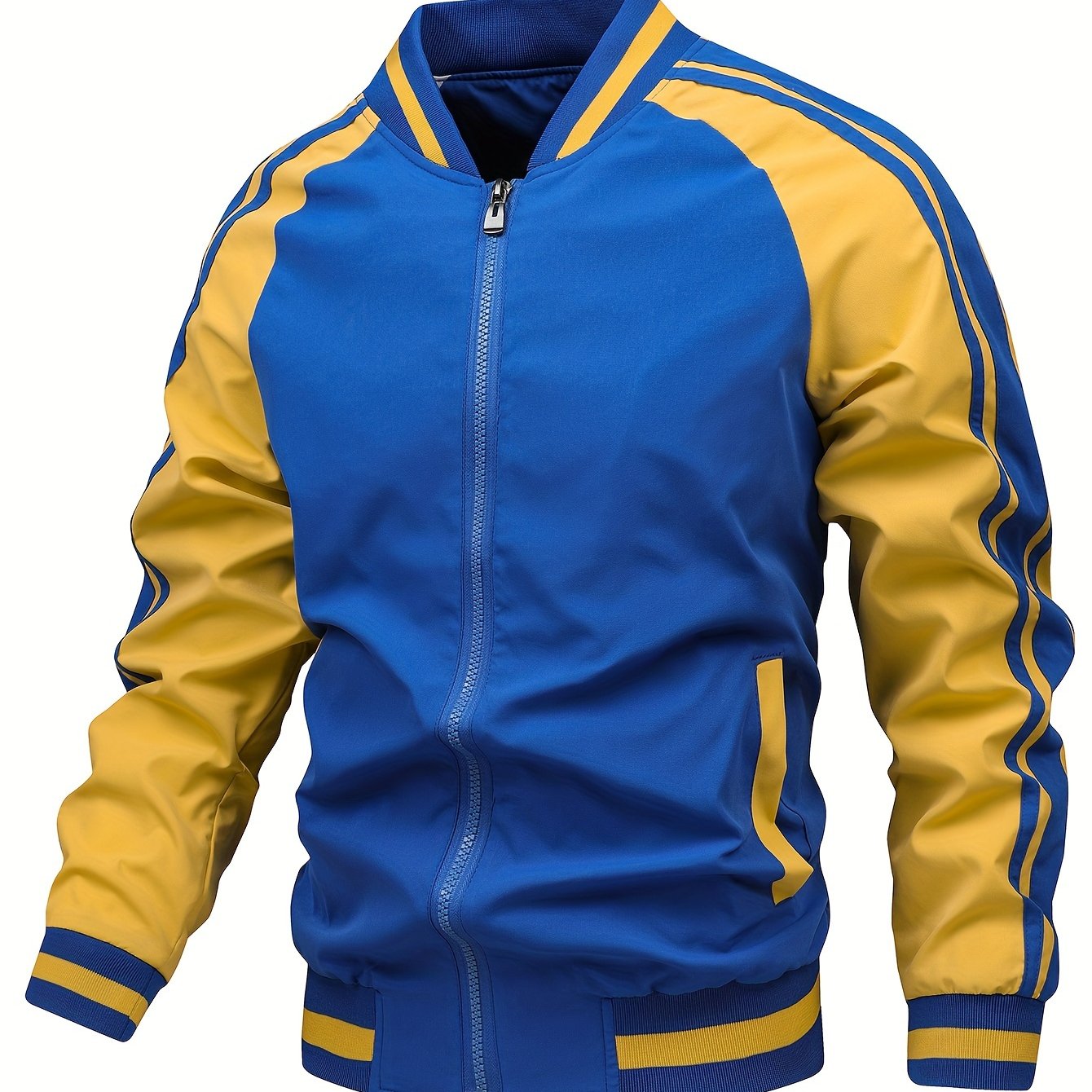 Men's Color Block Graphic Sports Jacket, Casual Striped Zip Up Varsity Jacket For Outdoor Fall Winter