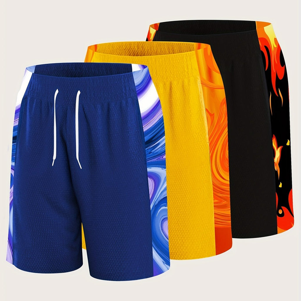 3-Pack Men'S Plus Size Athletic Shorts, Polyester Knit, Sports Style, Loose Fit, Random Print, Drawstring, Pockets, with 150g/m² Lightweight Fabric