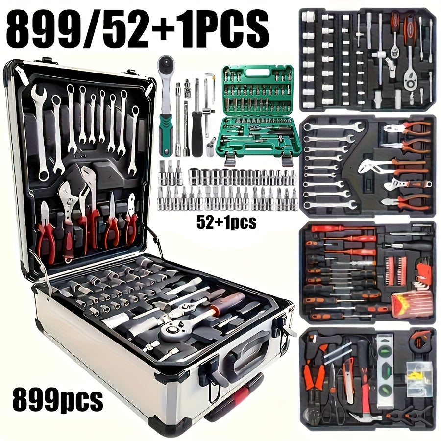 899/52+1 Tool Set, Portable 4-Layer Tool Box with Wheels for Easy Pushing and Pulling, 1/4" Drive and Standard Socket, Multi-Functional Tool Box for Automotive Repair