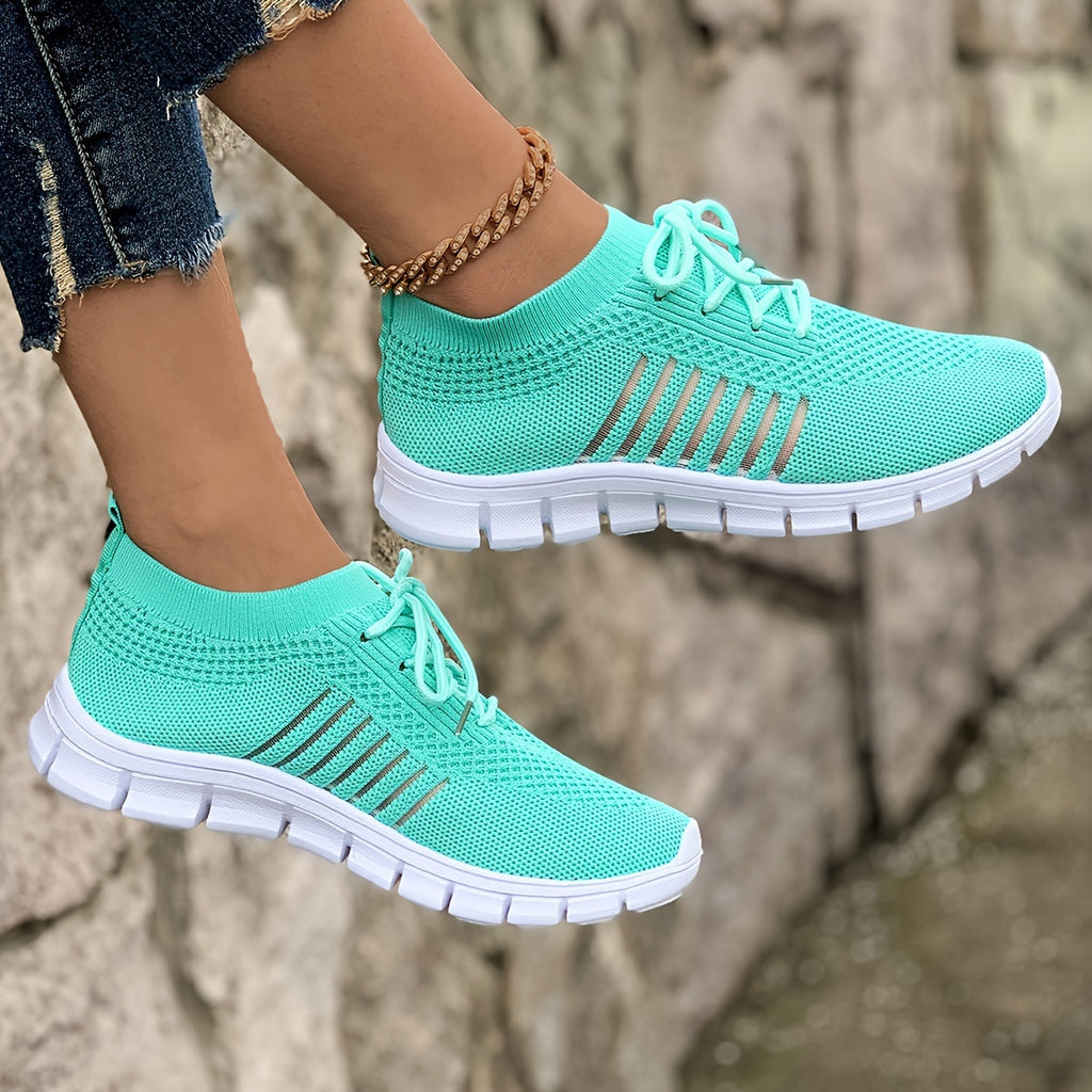 Women's Lightweight Knit Sneakers, Breathable Low-Top Lace-Up Casual Running Footwear, Fabric Upper and PU Cover Sole, Vibrant Color Sneakers, Versatile Running Shoes