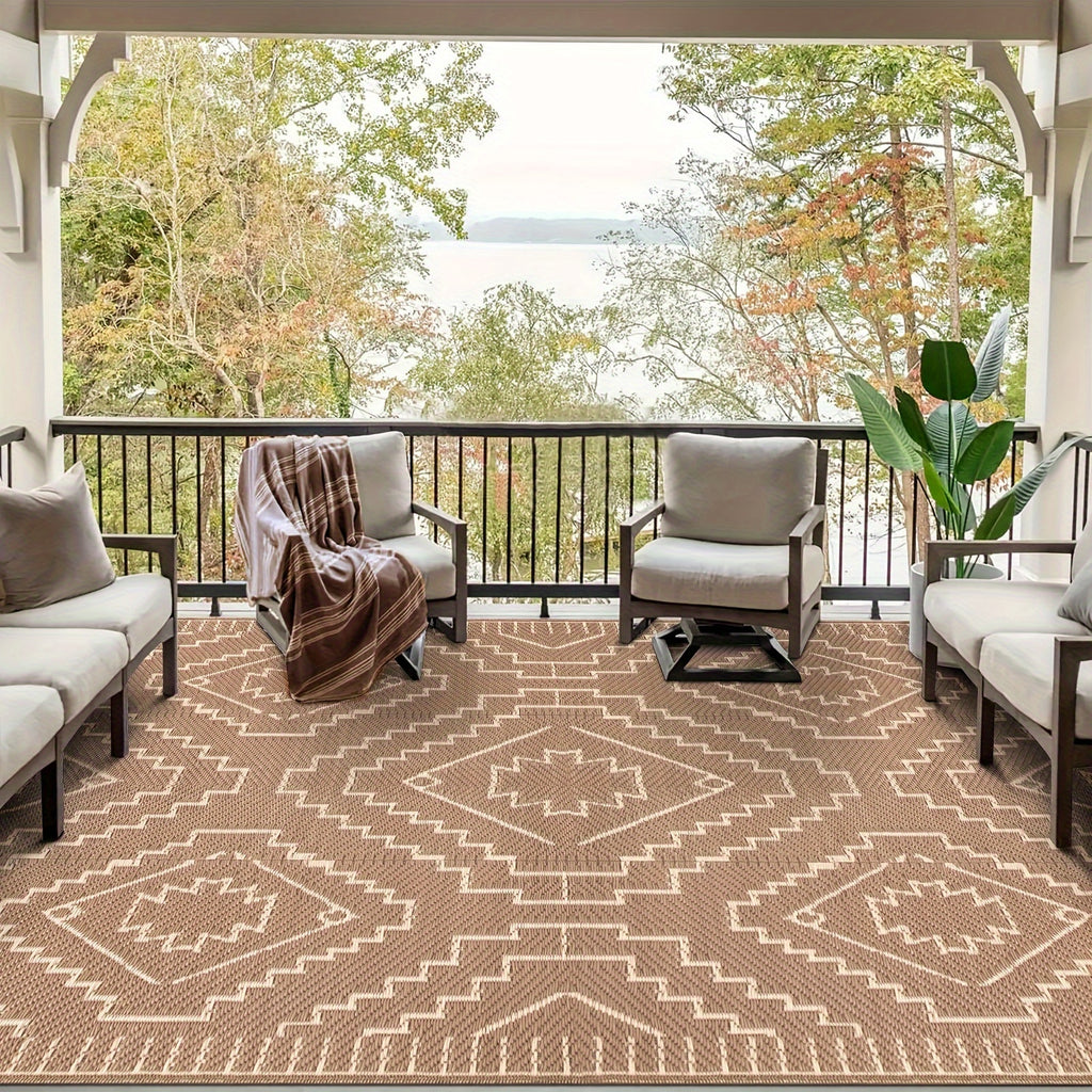 Large Outdoor Mat – Reversible Lightweight Straw Area Mat with Geometric Black & Beige Pattern for RV, Camping, Beach, and Patio Decor, Outdoor Rugs