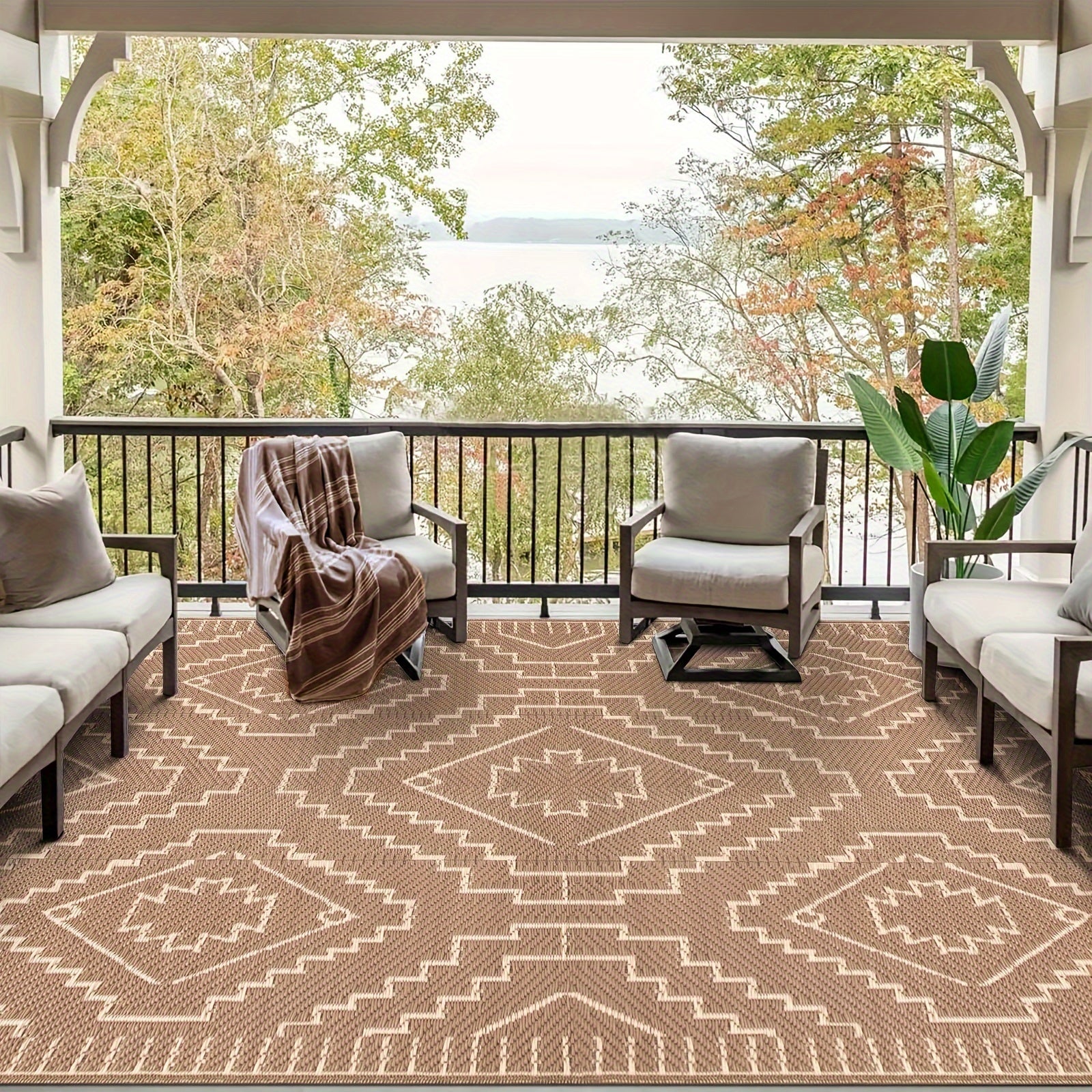 Large Outdoor Mat – Reversible Lightweight Straw Area Mat with Geometric Black & Beige Pattern for RV, Camping, Beach, and Patio Decor, Outdoor Rugs